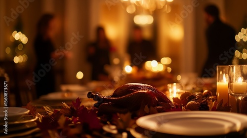 Elegant thanksgiving table setting with roasted turkey, autumn leaves, and glowing candles in warm ambient lighting with a blurred dining room background, perfect for holiday celebrations and family .