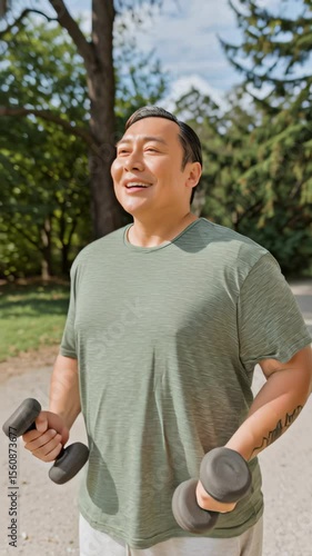 Confident Plus-Size Man Happily Engages in Outdoor Fitness Training with Dumbbells