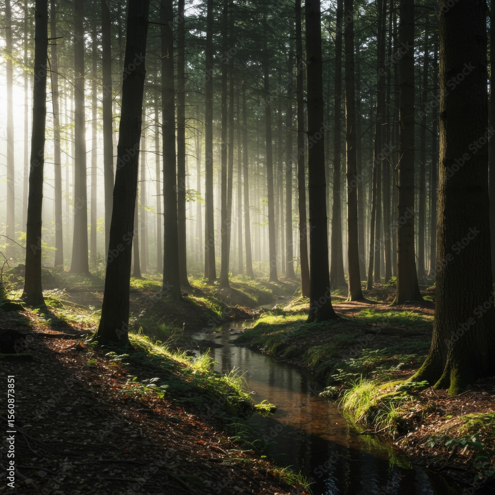 Fototapeta premium Sunlit Foggy Forest Path with Stream