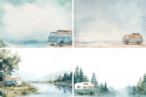 Watercolor illustration of vintage camper vans in nature settings, set of four
