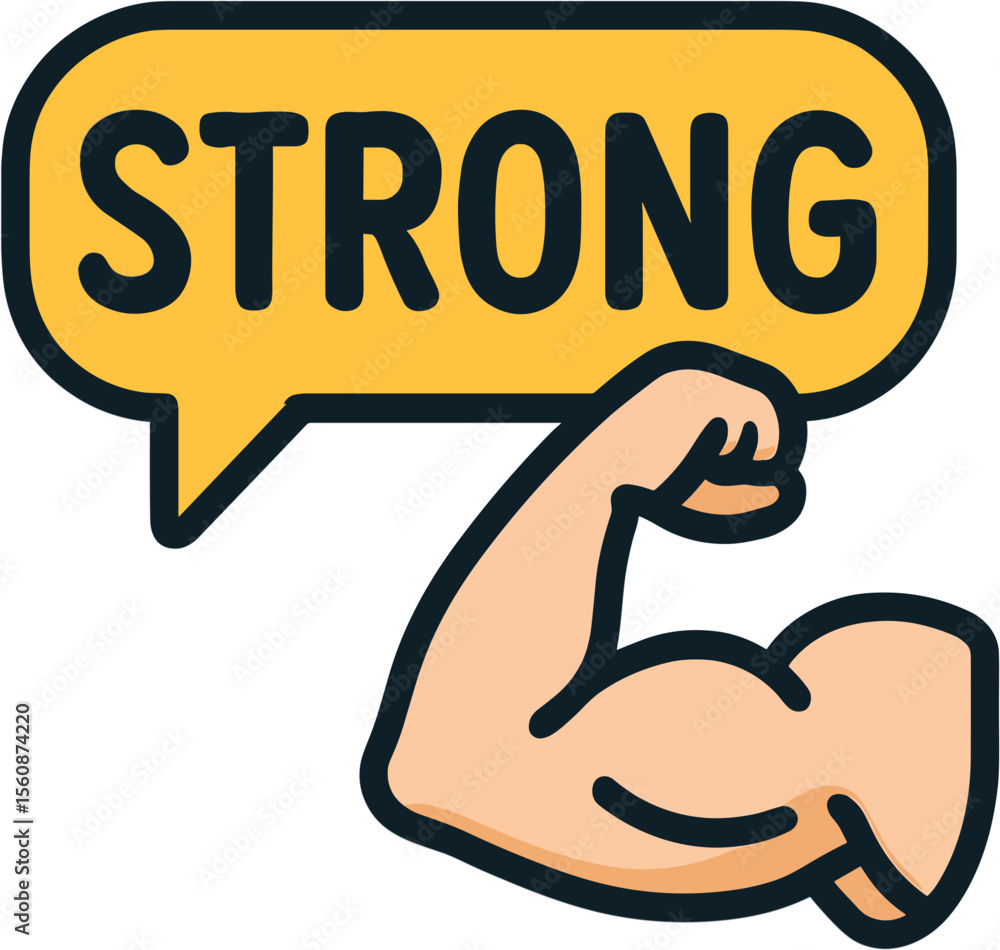 Strong muscular arm with speech bubble displaying the word strong Strong muscular arm with speech bubble displaying the word strong