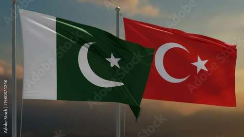 Pakistan and turkey flags waving side by side against a soft sunset sky in a close up detailed view