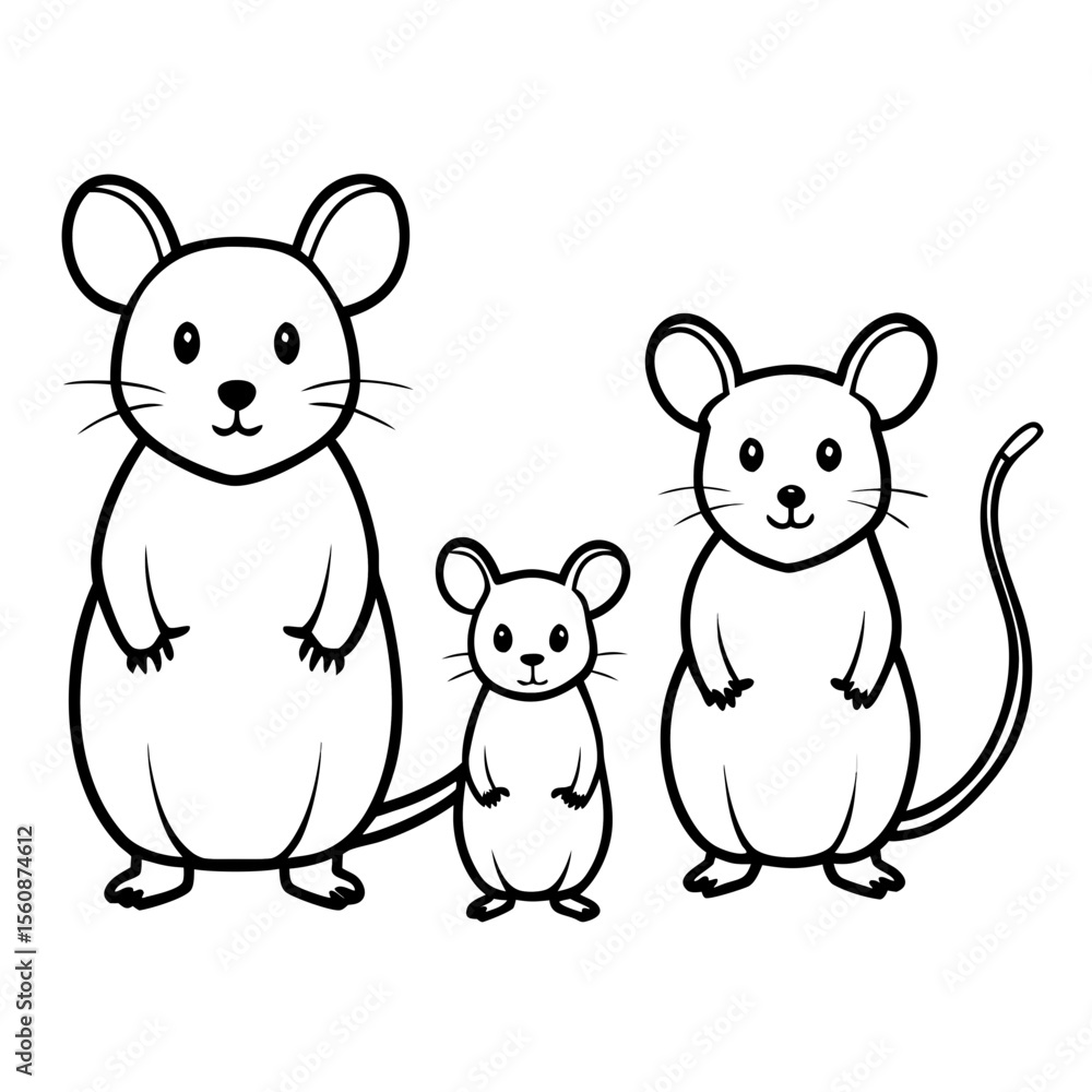 Obraz premium Cartoon mouse family with three characters in simple outline design 