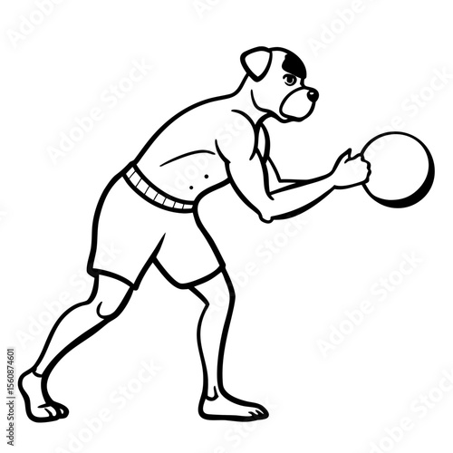 Boxer dog playing with a ball and preparing to throw it  