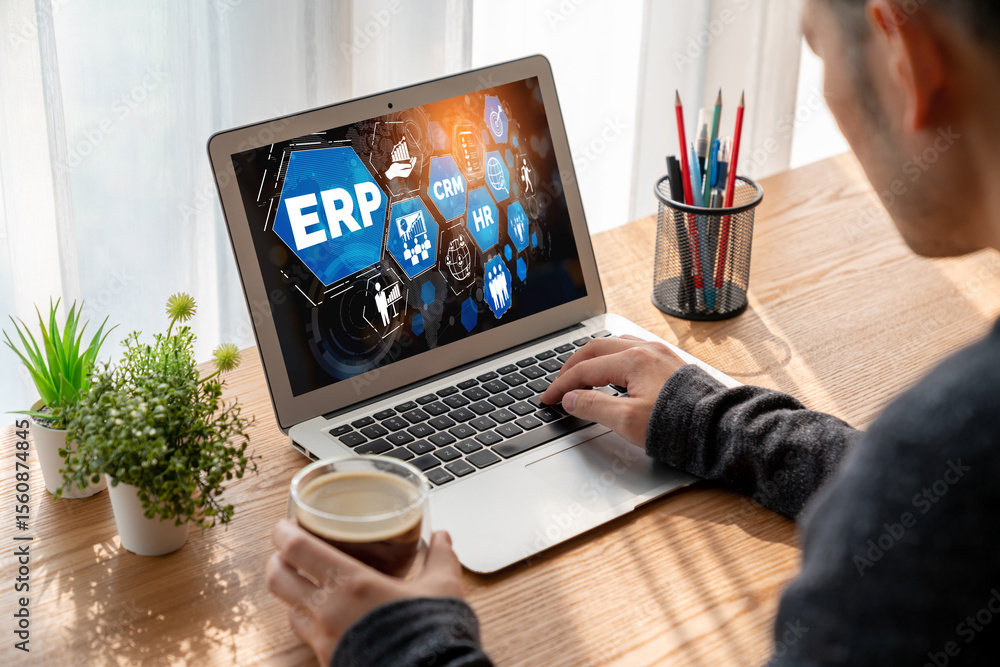 Fototapeta premium ERP enterprise resource planning software for modish business to plan the marketing strategy