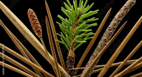 Close-Up of Pine Cones and Needles Against Black Background