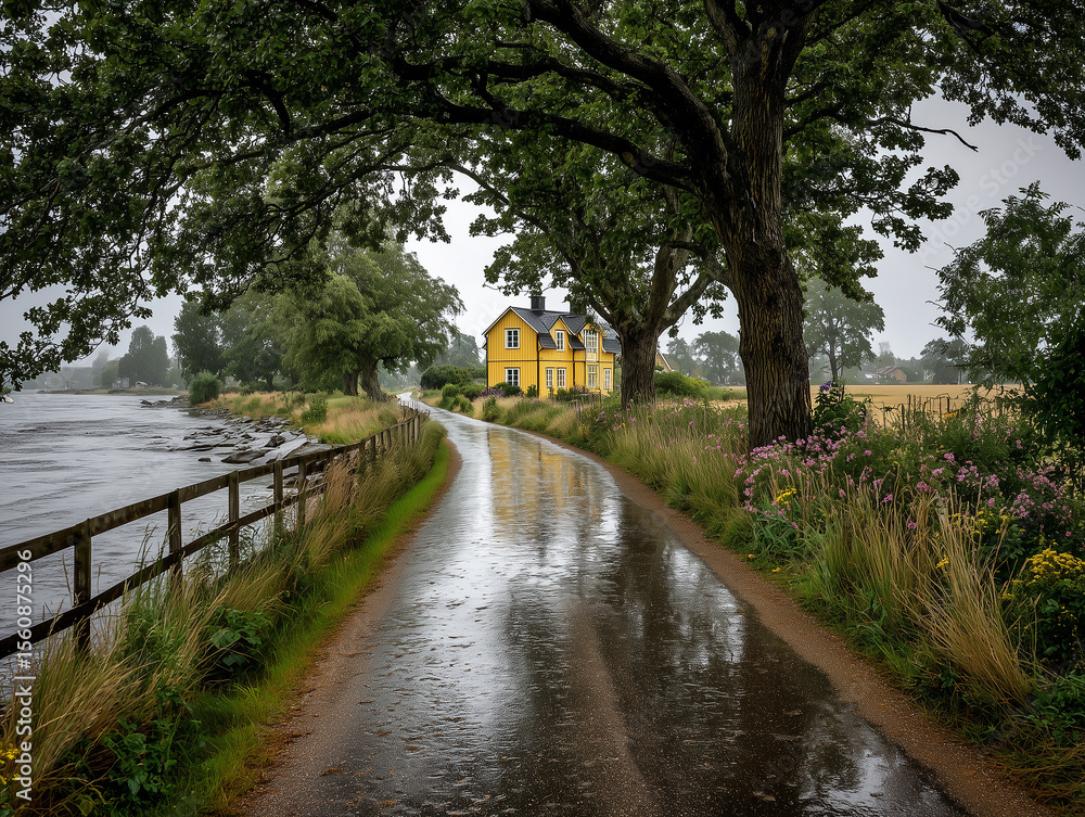 custom made wallpaper toronto digitalDeszczowa, wiejska droga prowadząca do żółtego domu pod drzewami. Obok rzeka, pola i polne kwiaty. Typowy szwedzki pejzaż po ulewie.