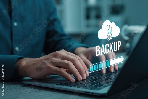 Person using a laptop to perform a cloud backup with a progress bar and cloud icon indicating data transfer and storage