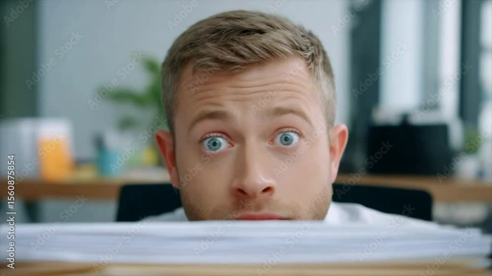A man with short hair peeking out from table and looking A man with short hair peeking out from table and looking