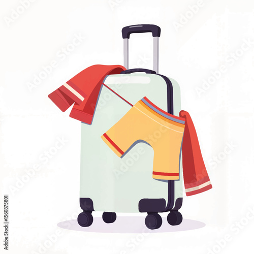 Colorful suitcase with summer shorts and shirt, vacation essentials