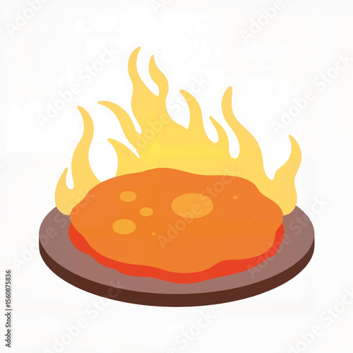 Burnt dish with flames on wooden plate, kitchen disaster concept