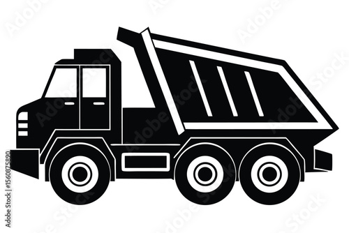 Graphic Black Silhouette of a Dump Truck with Three Axles for Hauling