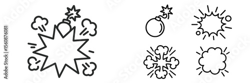 Explosive graphic elements depicting various types of explosions and bomb imagery with distinct outlines