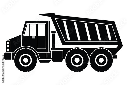 Black Silhouette of a Heavy Duty Dump Truck, Construction Vehicle Illustration