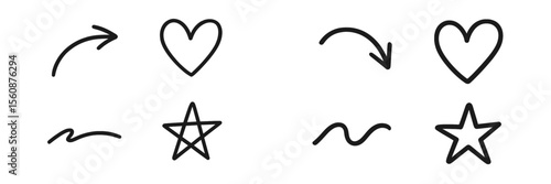 Creative doodles featuring arrows, hearts, and stars in black ink on a white background showcasing playful artistic expression
