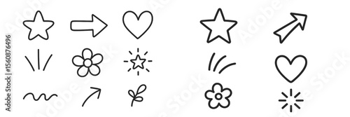 Collection of hand-drawn doodles including stars, hearts, and flowers on a white background