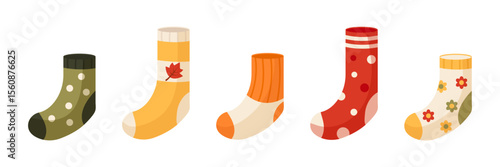 Cozy autumn and winter socks clipart set. Colorful seasonal accessories in flat style. Vector illustration for warm clothing design.