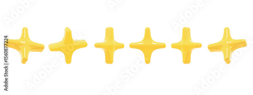 A set of 6 glossy yellow vector star icons in a soft 3D cartoon style. Each star features subtle variations in rotation and perspective, perfect for use in night scenes or weather icon sets. 