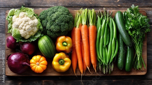 Fresh assortment of colorful vegetables including broccoli, carrots, bell peppers, zucchini, and green beans arranged on a wooden cutting board, showcasing healthy eating and vibrant colors
