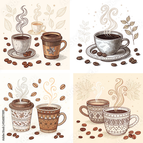 Four sets of coffee illustrations featuring steaming mugs and coffee beans