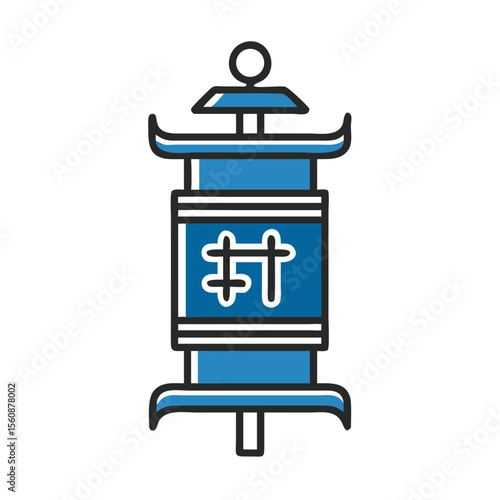 Decorative prayer wheel with symbols in blue and white design  