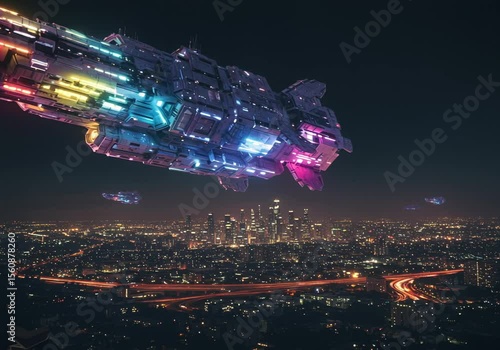 Grand alien spacecraft hovers gracefully over nighttime metropolis, glowing with mysterious lights — atmosphere of cosmic wonder.