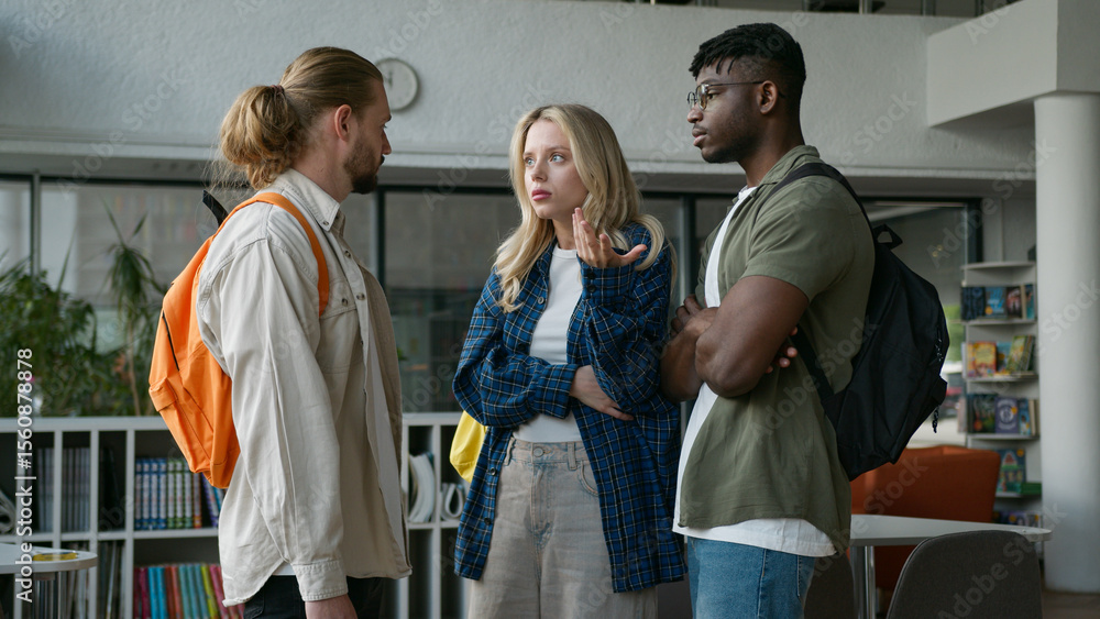 Obraz premium Group of diverse college friends three multiracial students meeting in university hall upset Caucasian woman girl frustrated African American men guys support calming talking multicultural friendship