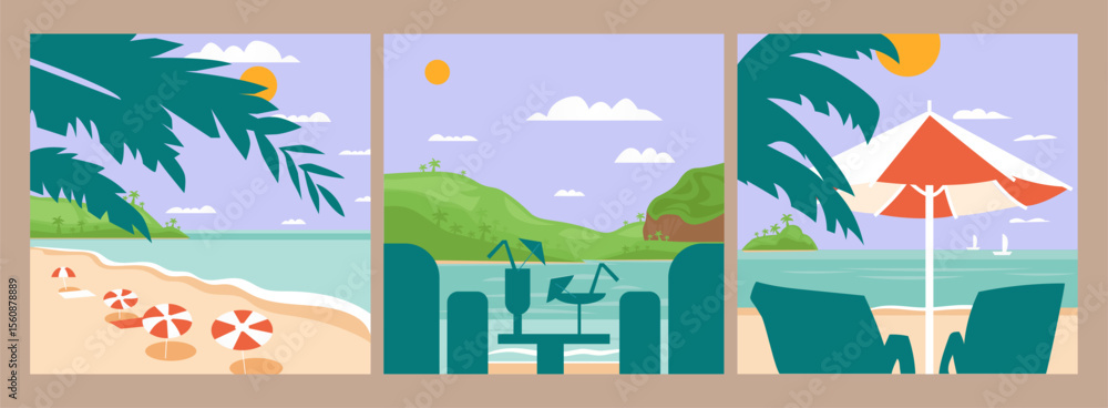 Fototapeta premium Summer sea beach landscape poster, cover, card set with sea view, sunny beach, palms and beach chairs. Summer vacation travel illustrations collection.
