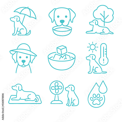 Dog heat protection vector icons set with water, shade, and coolness  