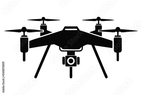 Black Silhouette of Drone with Camera, Four Propellers, and Landing Legs