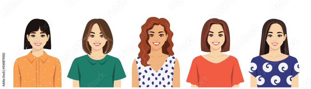 Portraits of beautiful women with different hairstyles and outfits. Colorful isolated vector flat illustrations Portraits of beautiful women with different hairstyles and outfits. Colorful isolated vector flat illustrations