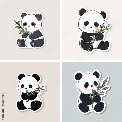 Set of four adorable panda bear sticker illustrations holding bamboo