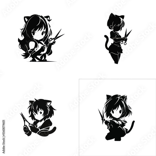 Set of cute anime catgirl silhouettes holding scissors black and white vector