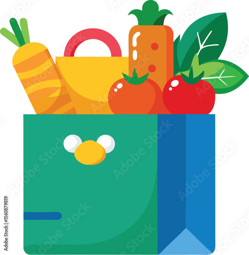 Grocery shopping bag filled with fresh food items isolated on transparent background