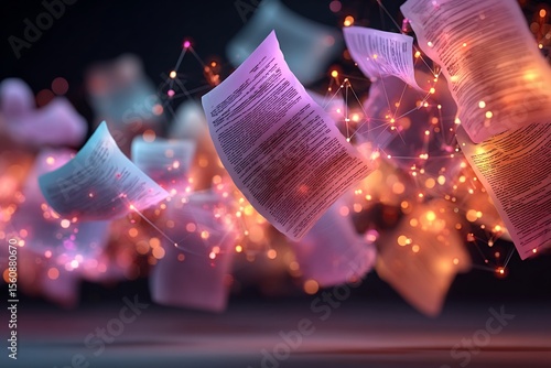 Abstract digital illustration of scientific publication floating research papers glowing citation trees interconnected knowledge networks clean academic interface