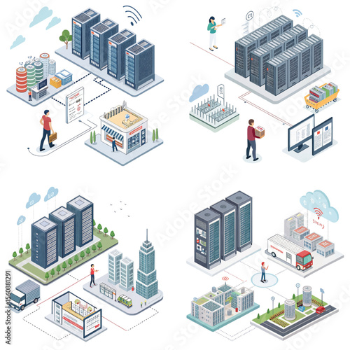 Different scenarios of data servers being used by people in various locations