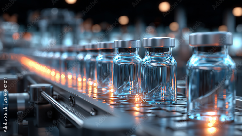 Assembly of Ampoules: crystal-clear drug vials glide down a steel conveyor belt, catching cool blue lights and warm amber flares.
Assembly of Ampoules: crystal-clear drug vials glide down a steel conveyor belt, catching cool blue lights and warm amber flares.