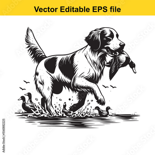 vector hunting Labrador retriever/ Brittany Spaniel dog Majestic Canine Retriever Amidst a Wetland Scene Hunting With Unwavering Focus Hunting Dog's Aquatic Pursuit The Quintessential Sporting Breed L