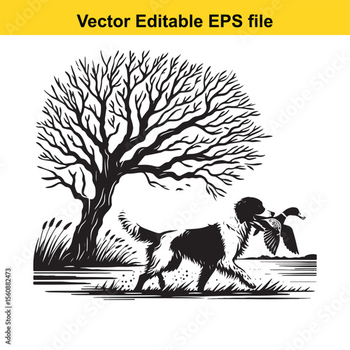 vector hunting Labrador retriever/ Brittany Spaniel dog Majestic Canine Retriever Amidst a Wetland Scene Hunting With Unwavering Focus Hunting Dog's Aquatic Pursuit The Quintessential Sporting Breed L