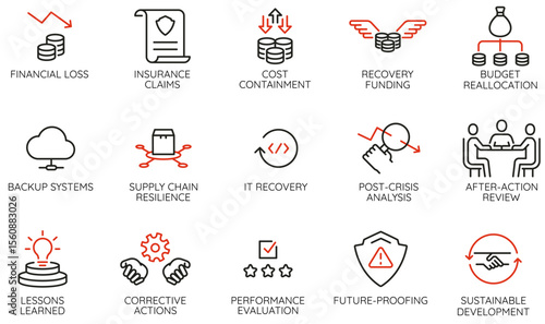 Vector set of linear icons related to Crisis Management, Risk Identification, Emergency Response, Business Continuity, Recovery for Infographics, Websites and Strategic Decision-making - part 2