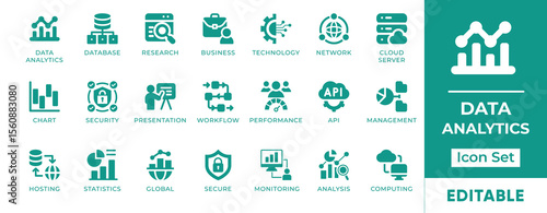 Data Analytics Icon Set. Features icons for analytics, big data, dashboards, cloud computing, and insights. Perfect for tech teams, BI tools, and business reports.
