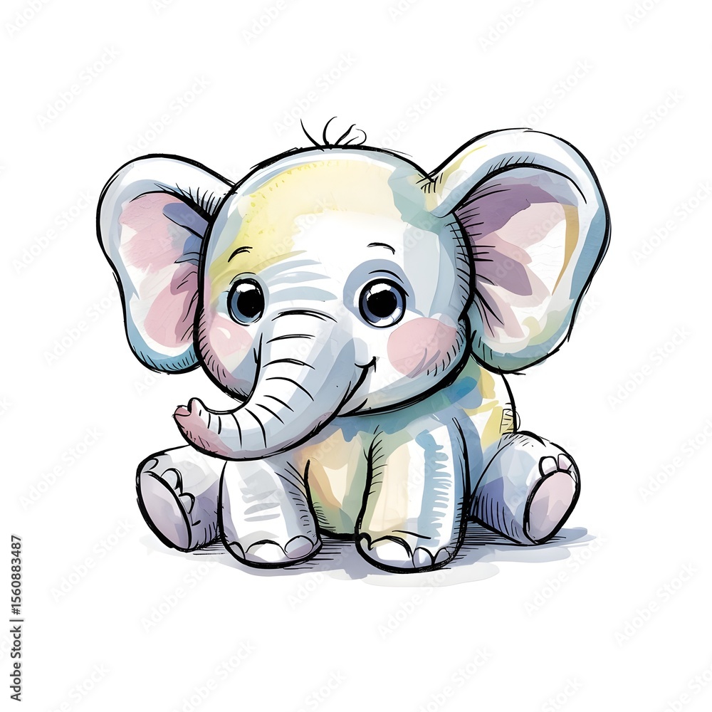 Fototapeta premium A cute cartoonish colorful baby elephant illustration on a white background 