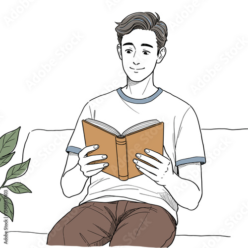 Young man reading a book while sitting on a sofa at home  