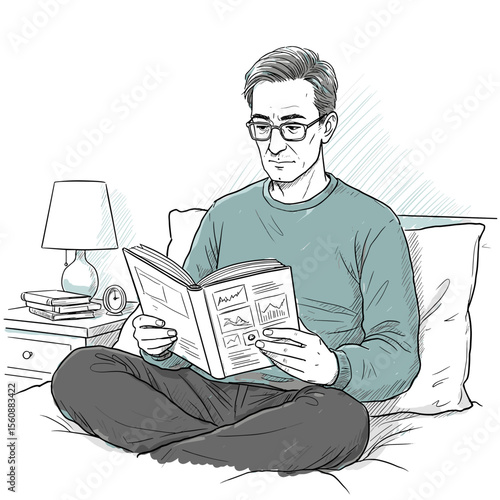 Middle-aged man reading a book while sitting on a bed at home  