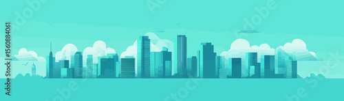 The city skyline forms a beautiful landscape, set against a blue cityscape that serves as a panoramic background, and is part of a horizontal seamless modern pattern