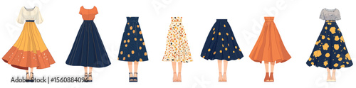 Technical fashion illustration of a set of skirts featuring various lengths, including mini, knee, maxi, and ankle, with a focus on silhouette and circular fullness, presented in a pencil style with