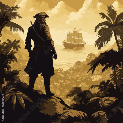 Modern flat design illustration of Robinson Crusoe silhouette portrait created with Generative Ai