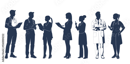 A female healthcare worker's silhouette is depicted, showcasing a happy, smiling doctor with a stethoscope, as well as a female nurse in a blue uniform posing, with various color options available in