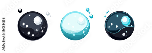 Fizzy Drink, Water Bubble Black and Blue Pictogram. Effervescent Champagne. Sphere Foam, Aquarium. Clear Soda Drops Line and Silhouette Icon Set. Soap Symbol Collection. Isolated Modern Illustration
