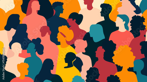 The concept of inclusion and diversity is represented by a flat illustration featuring a vibrant crowd of people, available as stock